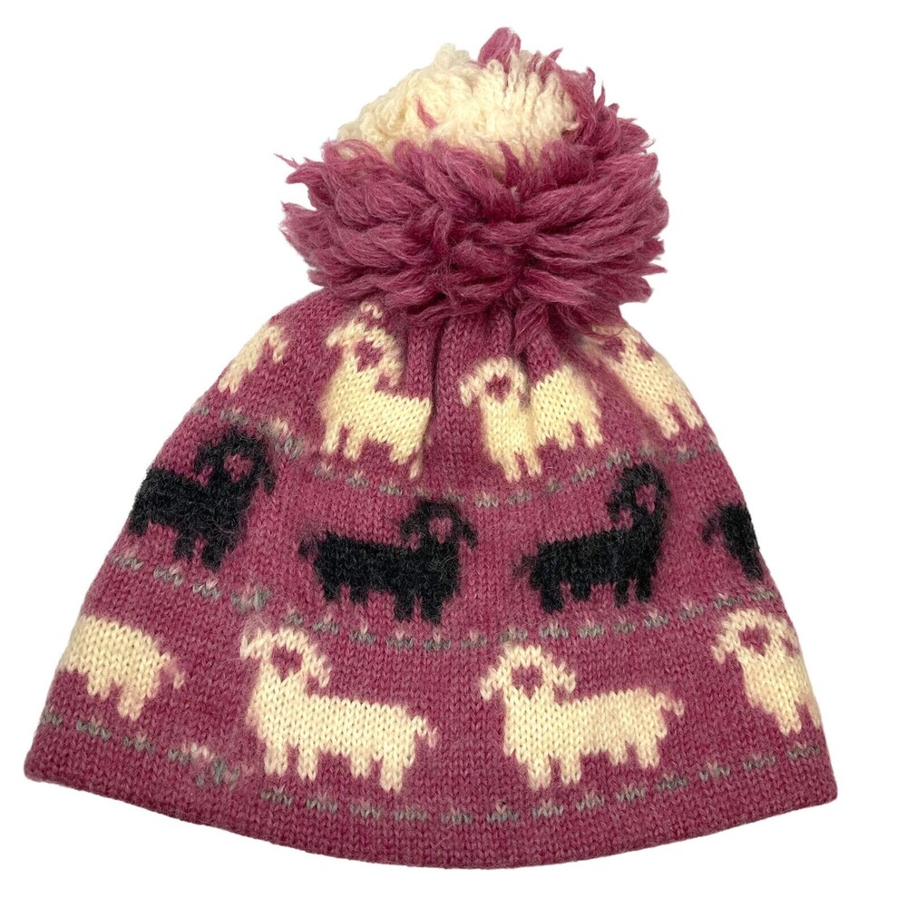 VTG Unbranded Women's Wool Lam Graphic Big Pom Pom Beanie O/S